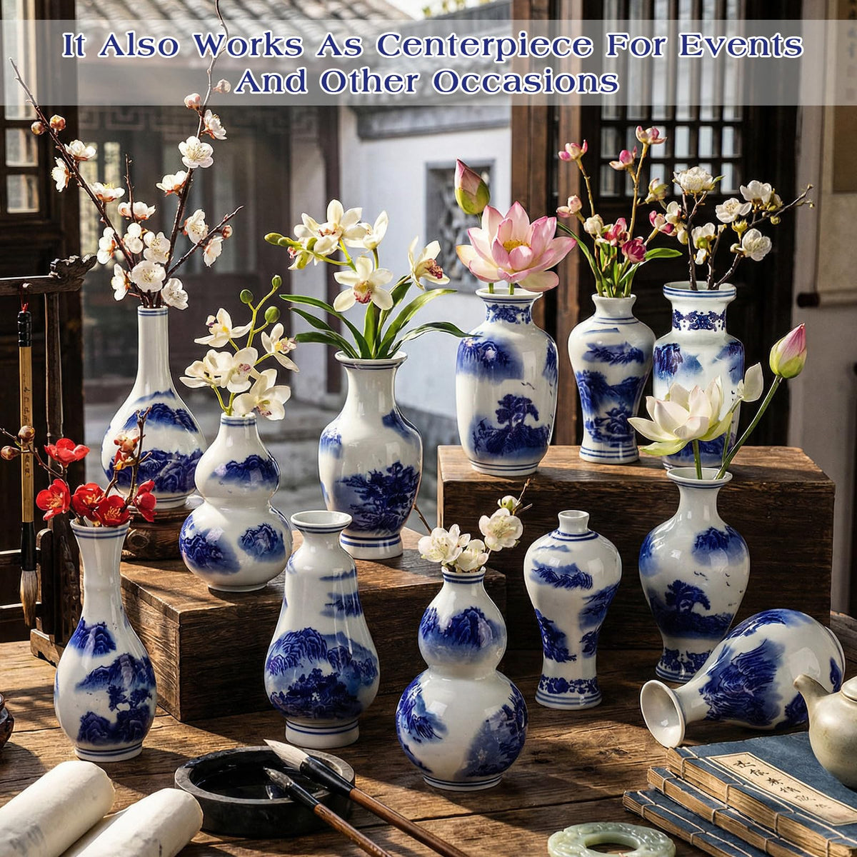 Mini Blue and White Chinoiserie Vases, Set of 12