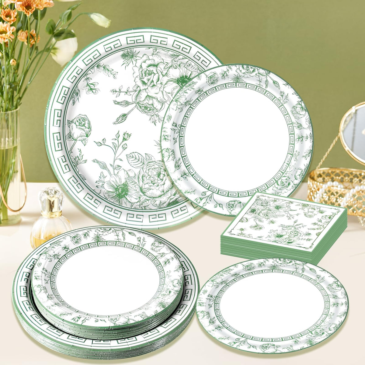 Blue and White Floral Paper Plates and Napkins, Serves 20