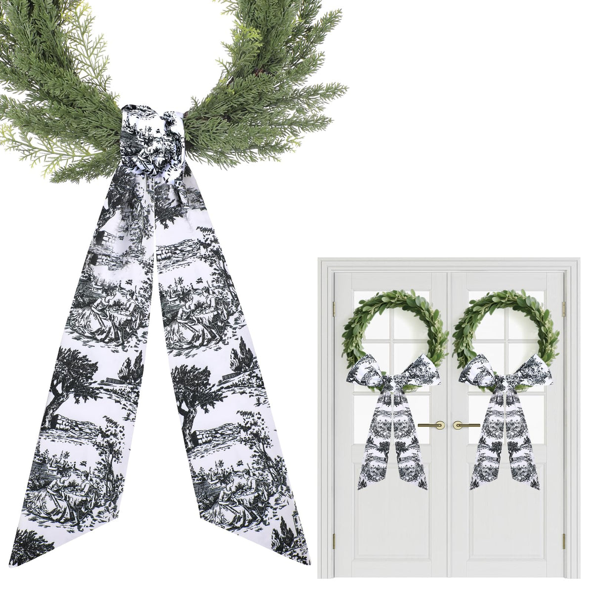 Blue French Toile Wreath Sash, Set of 2