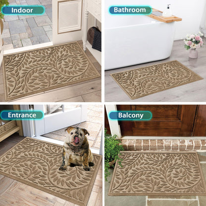 Blue Leaf Front Door Mat, Non-Slip Rubber