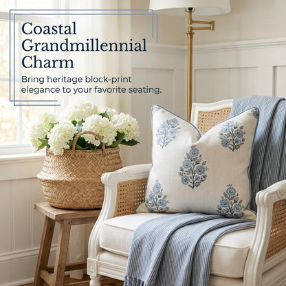 Camille Blue Floral Block Print Pillow Cover