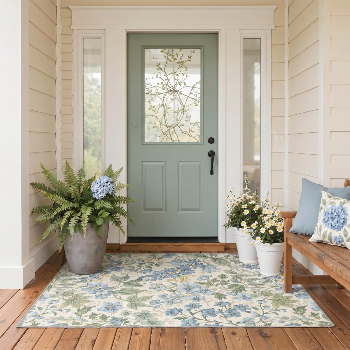 Bavni Dusty Blue Floral Washable Rug