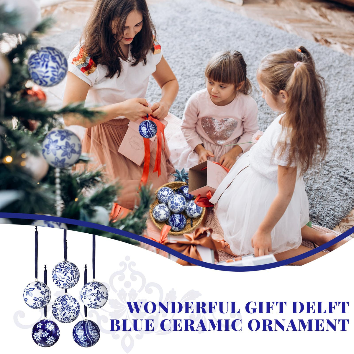 Blue and White Porcelain Christmas Balls, Set of 6 or 12