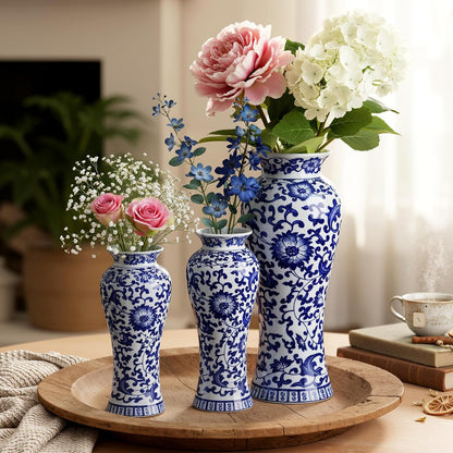 Set of 3 Blue and White Chinoiserie Vases