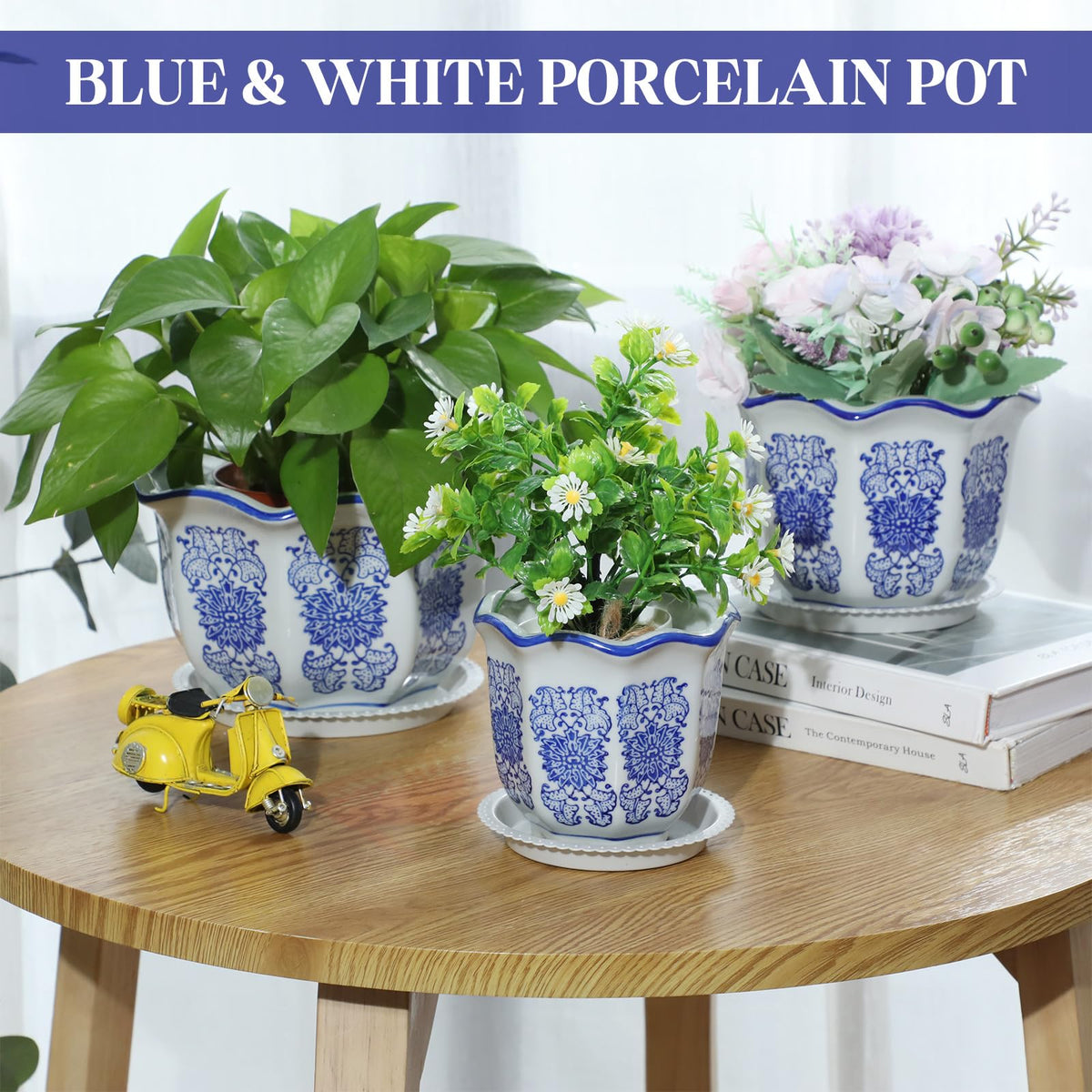 Blue and White Chinoiserie Planters with Saucers, Set of 3