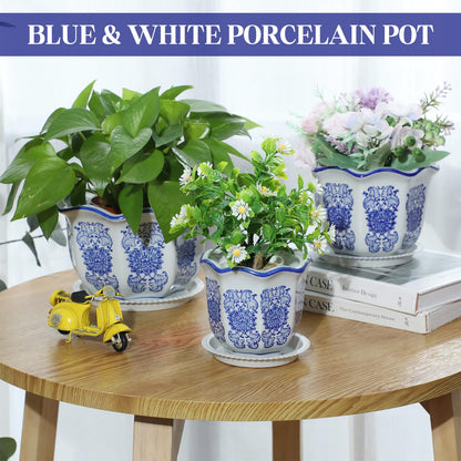 Blue and White Chinoiserie Planters with Saucers, Set of 3