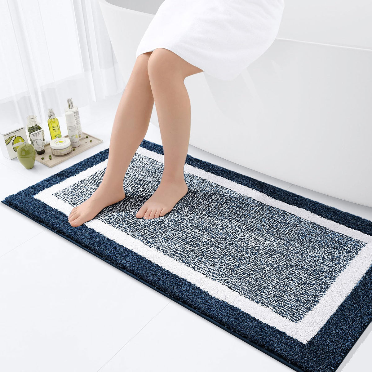 Navy and White Microfiber Bath Rug, 36 x 24