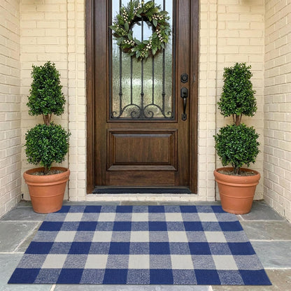MUBIN Blue White Plaid Cotton Rug, 27.5x43