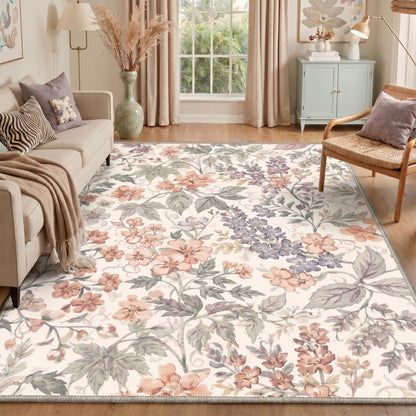 Bavni Dusty Blue Floral Washable Rug
