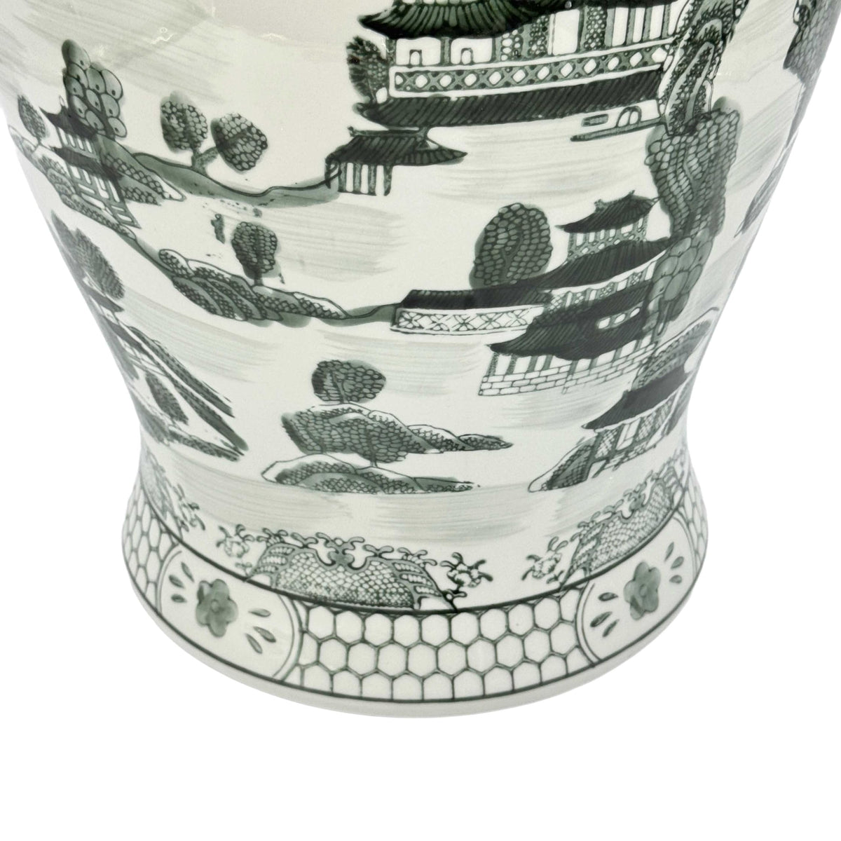 Large 25 Inch Blue and White Chinoiserie Temple Jar