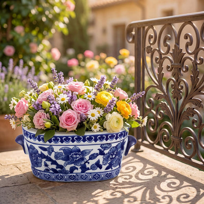 Blue and White Oval Chinoiserie Planters, Set of 2