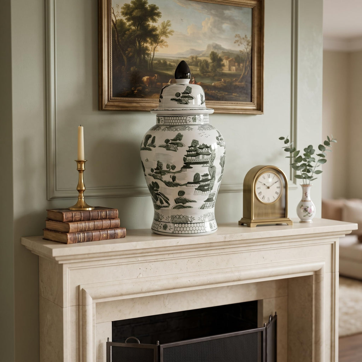 Large 25 Inch Blue and White Chinoiserie Temple Jar