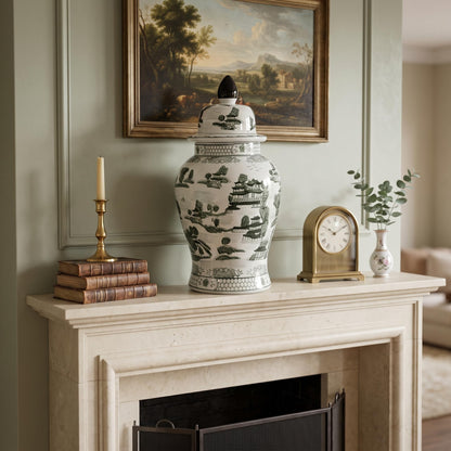 Large 25 Inch Blue and White Chinoiserie Temple Jar