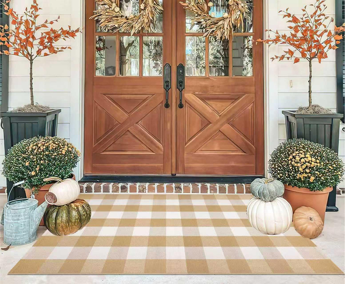 Light Blue Buffalo Plaid Cotton Door Mat, 24x35
