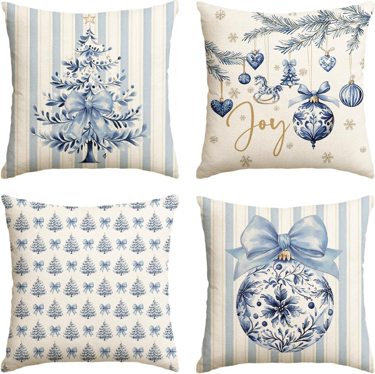 Blue Stripe Christmas Pillow Covers, Set of 4