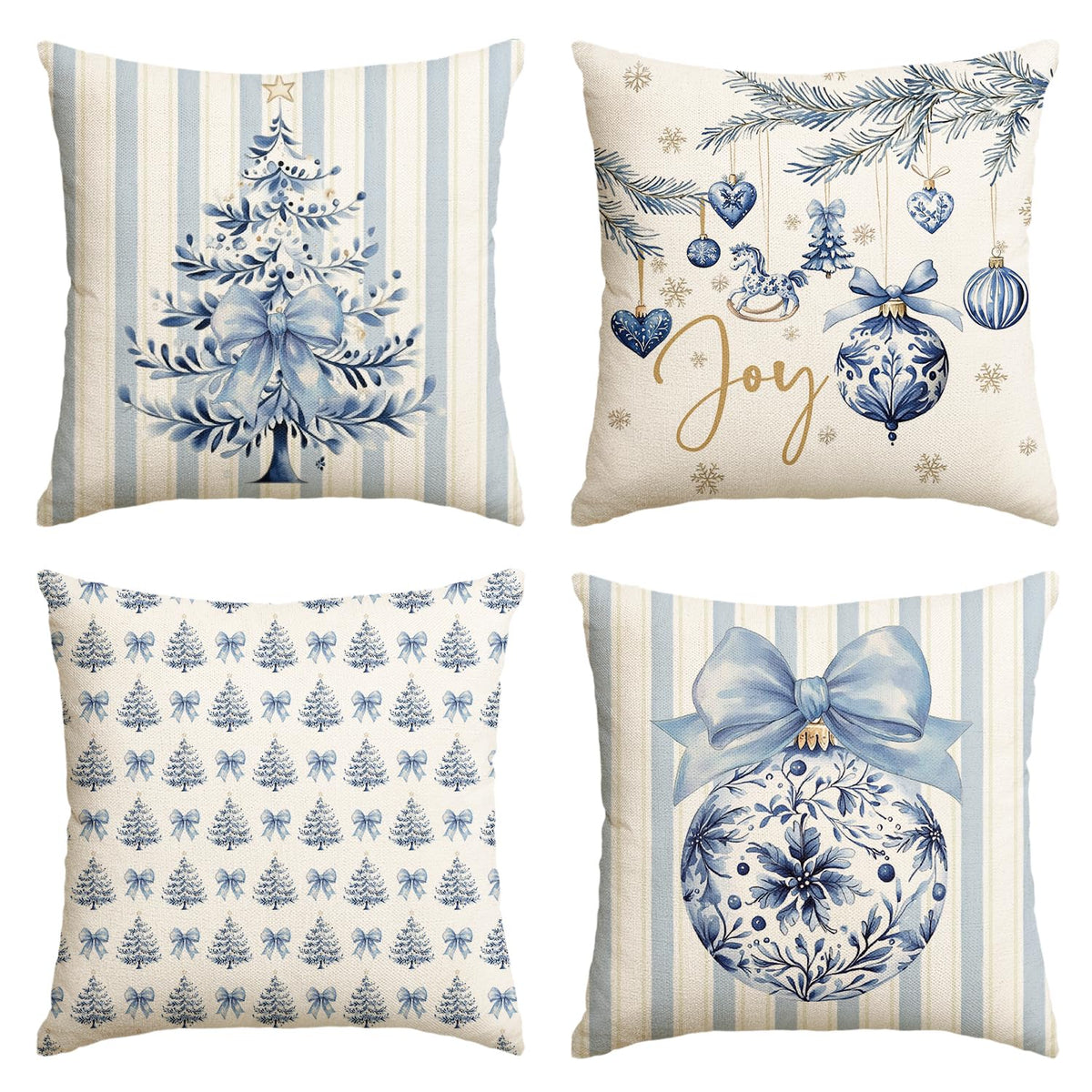 Blue Stripe Christmas Pillow Covers, Set of 4