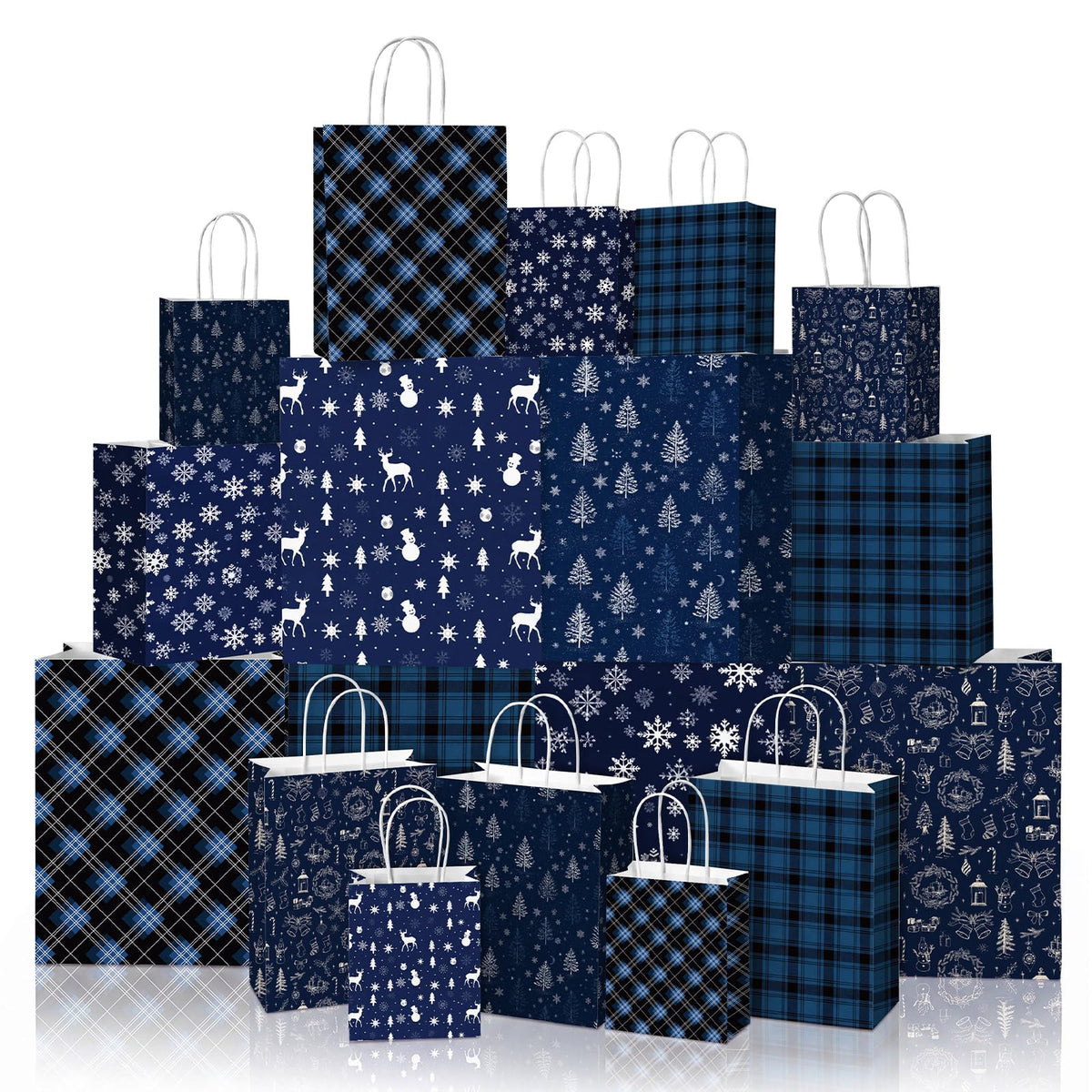 Blue Toile Christmas Kraft Gift Bags, Set of 18