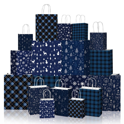 Blue Toile Christmas Kraft Gift Bags, Set of 18