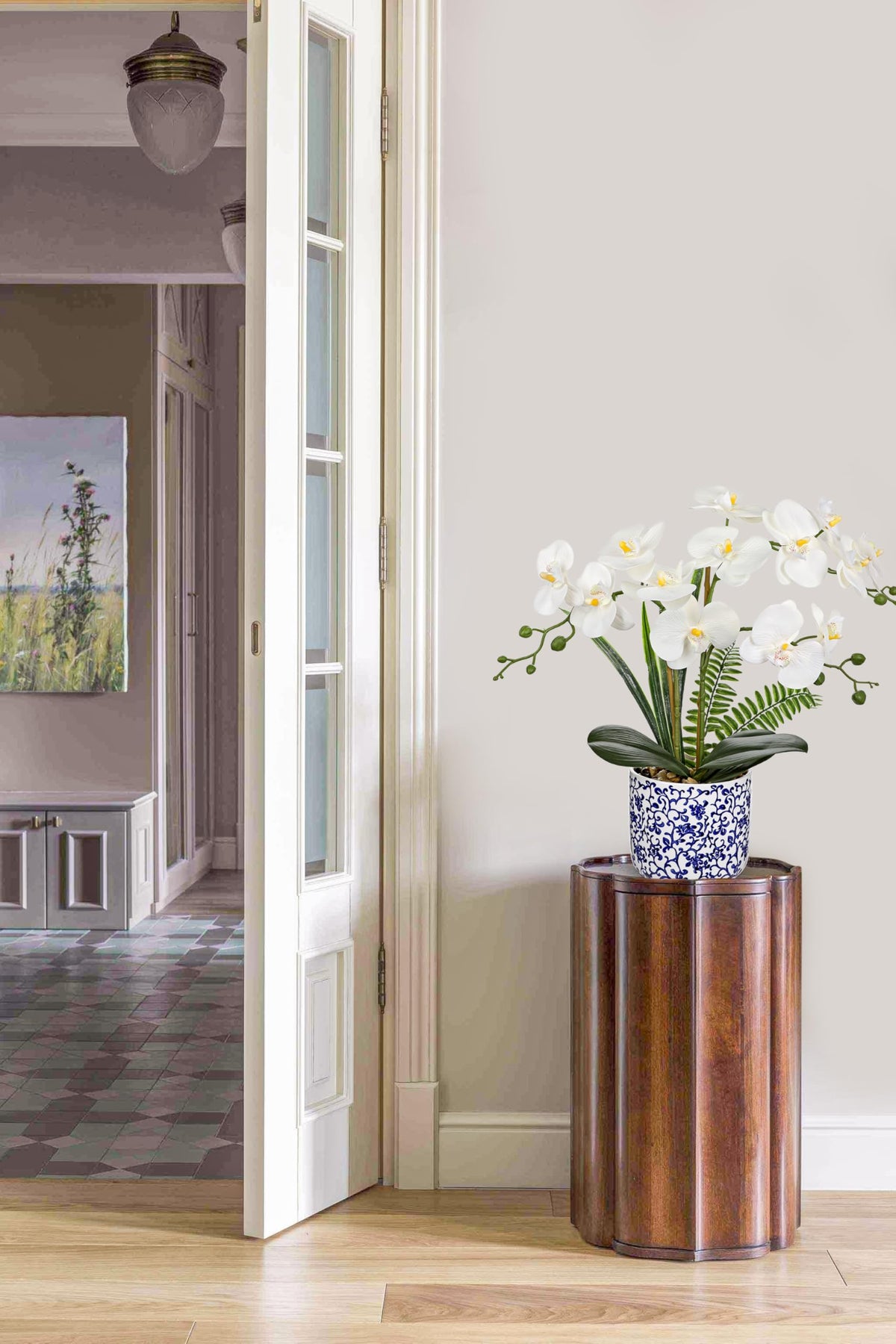 Briful Faux Orchid in Blue and White Ceramic Pot