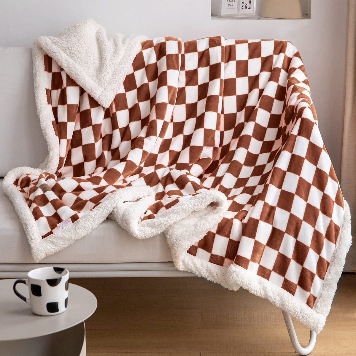 Navy Checkered Sherpa Throw Blanket