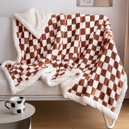 Navy Checkered Sherpa Throw Blanket