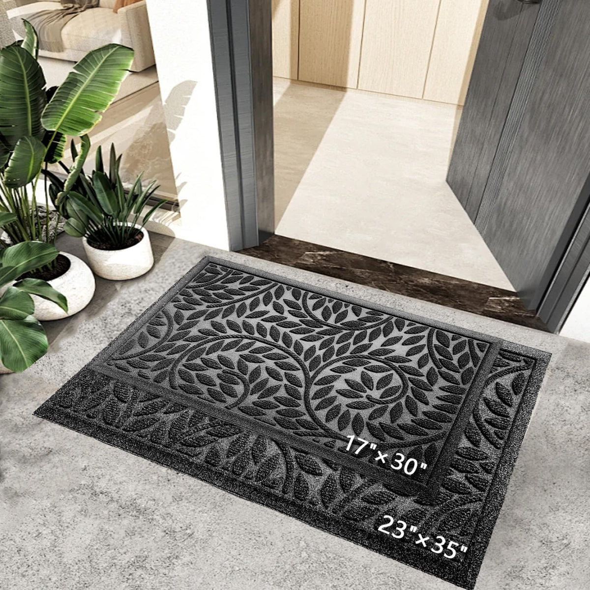 Blue Leaf Front Door Mat, Non-Slip Rubber