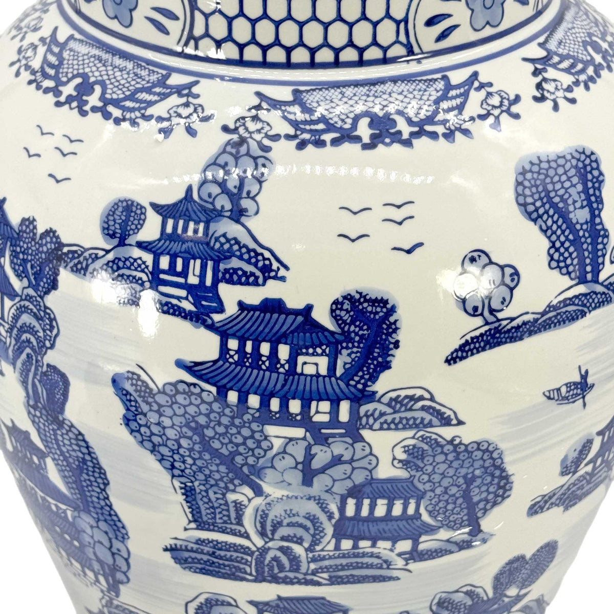 Large 25 Inch Blue and White Chinoiserie Temple Jar