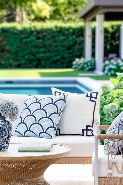 Navy Greek Key Outdoor Lumbar Pillow Cover, 12x20
