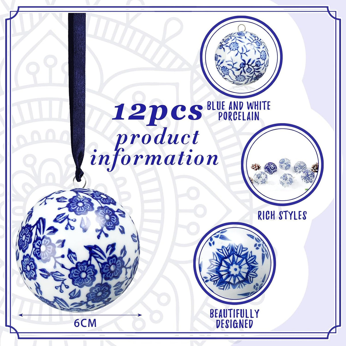 Blue and White Porcelain Christmas Balls, Set of 6 or 12