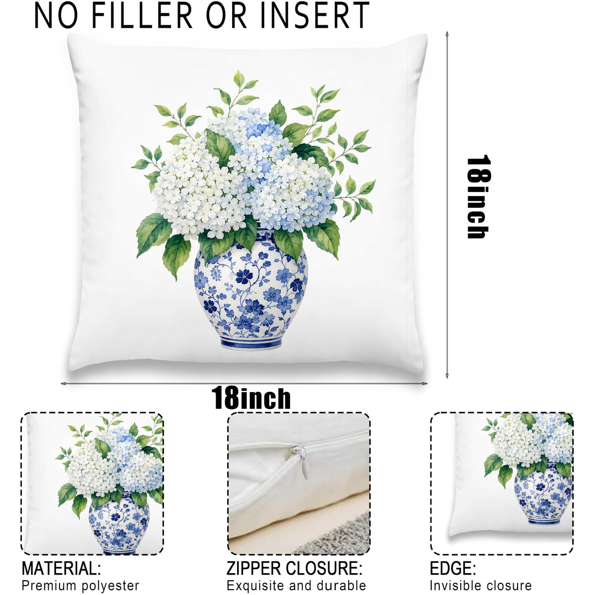 Blue Chinoiserie Bird and Peony Pillow Cover, 18x18