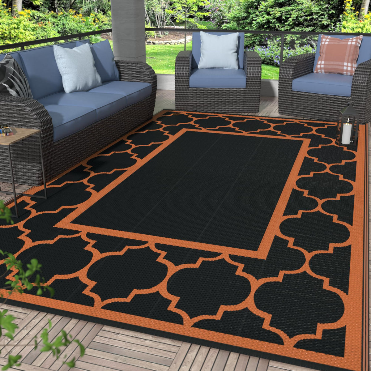 Blue and White Reversible Outdoor Rug, 5x8