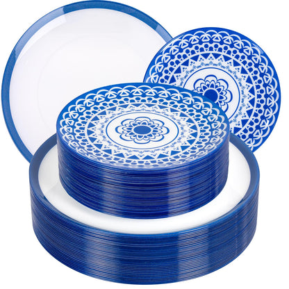 Blue Floral Plastic Plates, 60 Pieces