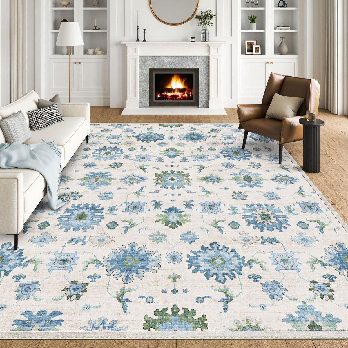 Washable Area Rug, Delft Blue Vintage Floral