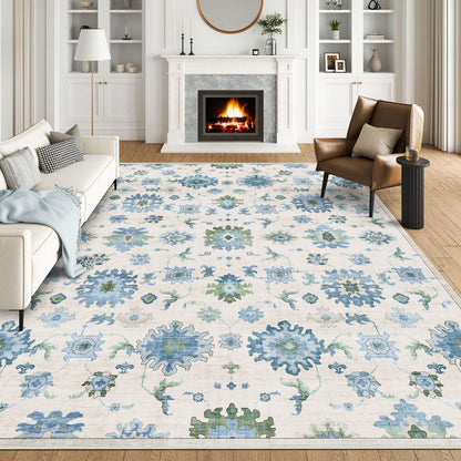 Washable Area Rug, Delft Blue Vintage Floral