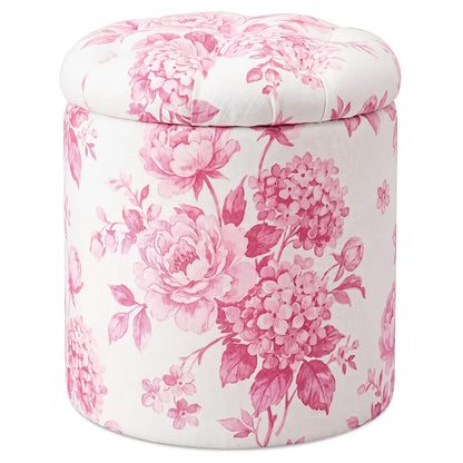 Blue Damask Tufted Round Ottoman, 16 Inch