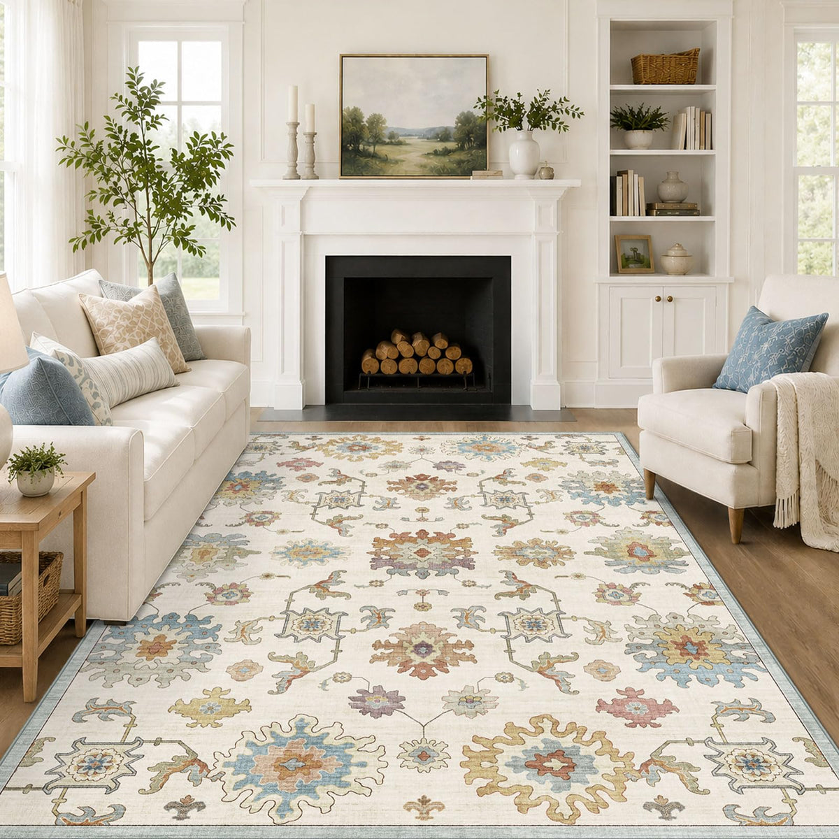 Washable Area Rug, Delft Blue Vintage Floral