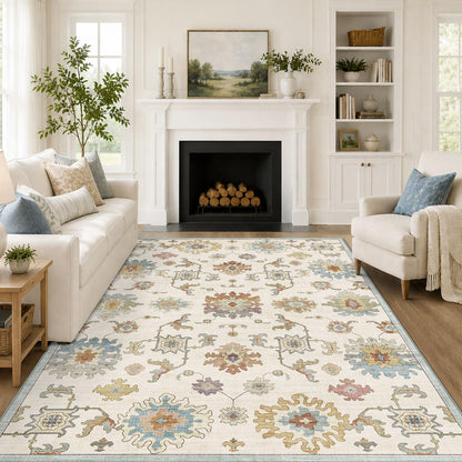 Washable Area Rug, Delft Blue Vintage Floral