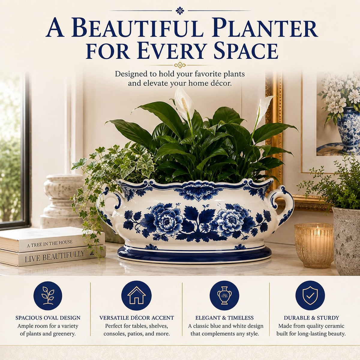 Blue and White Oval Footbath Planter