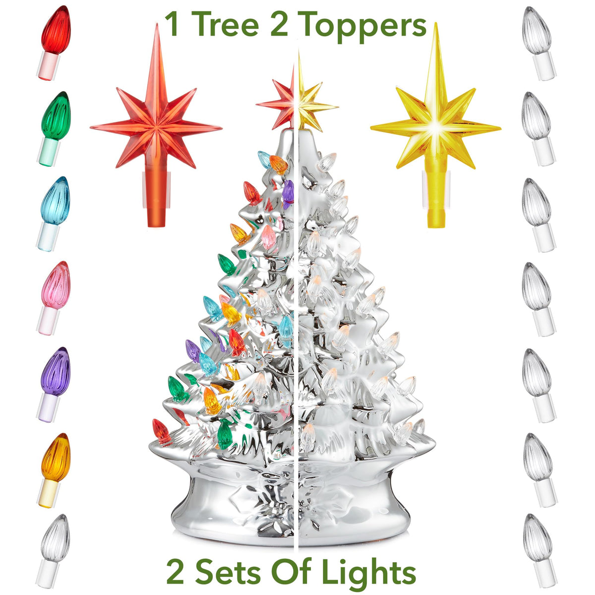 Hand Painted Ceramic Christmas Tree, 15 Inch Pre-Lit