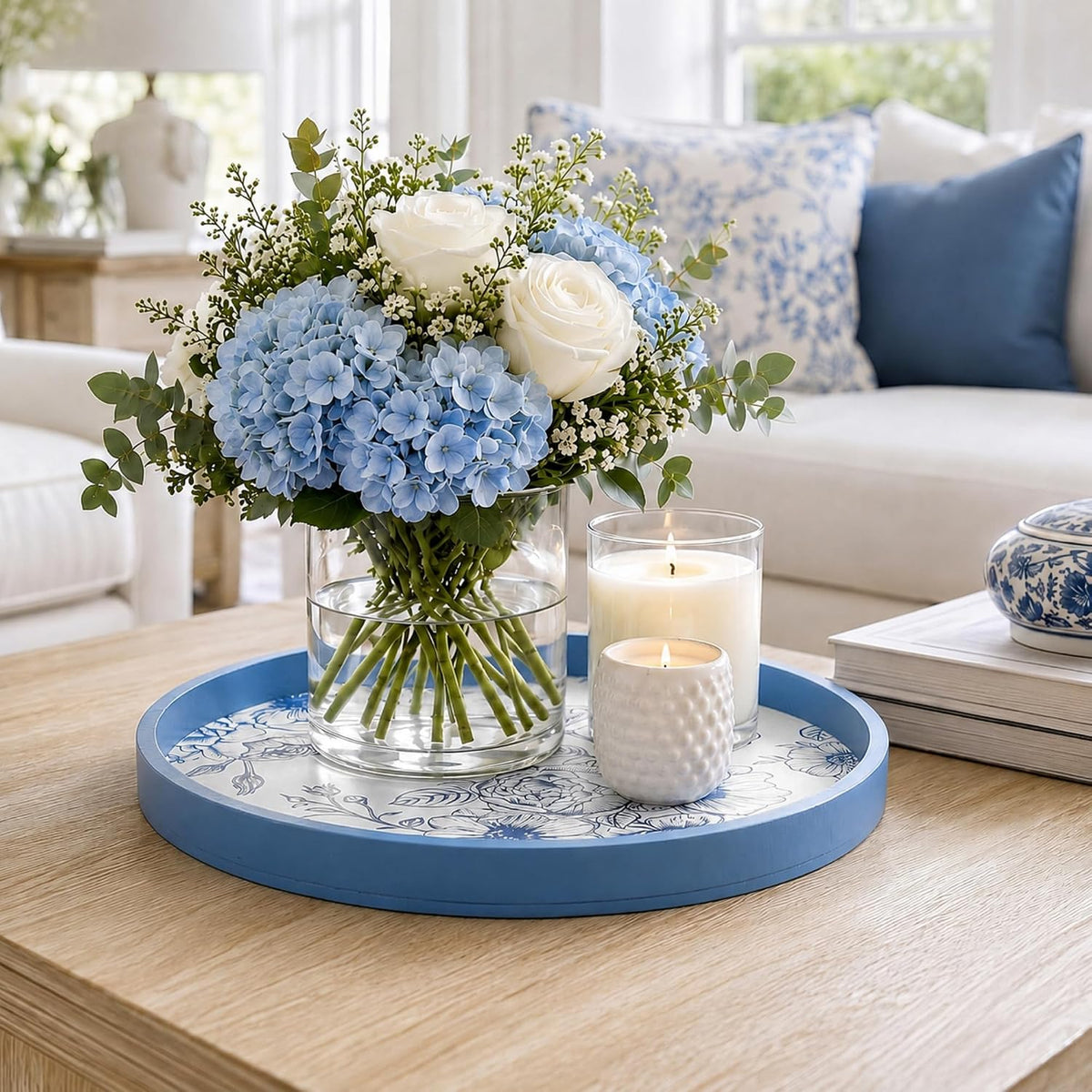 Blue Chinoiserie Round Wooden Tray, 11.8 Inch