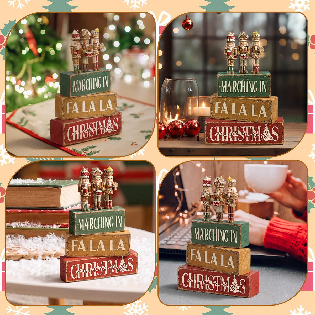 Blue and White Christmas Wood Block Signs, Set of 4