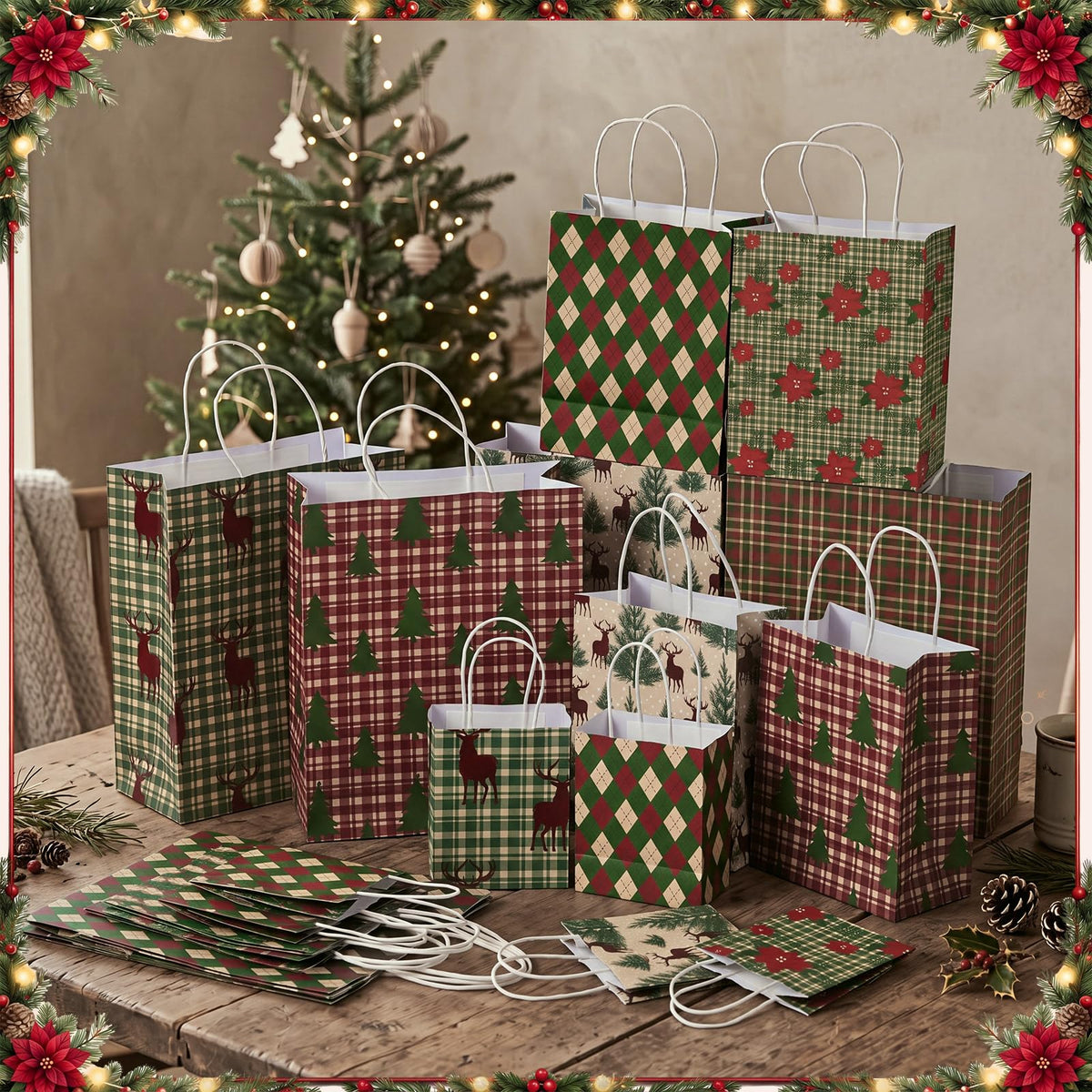 Blue Toile Christmas Kraft Gift Bags, Set of 18
