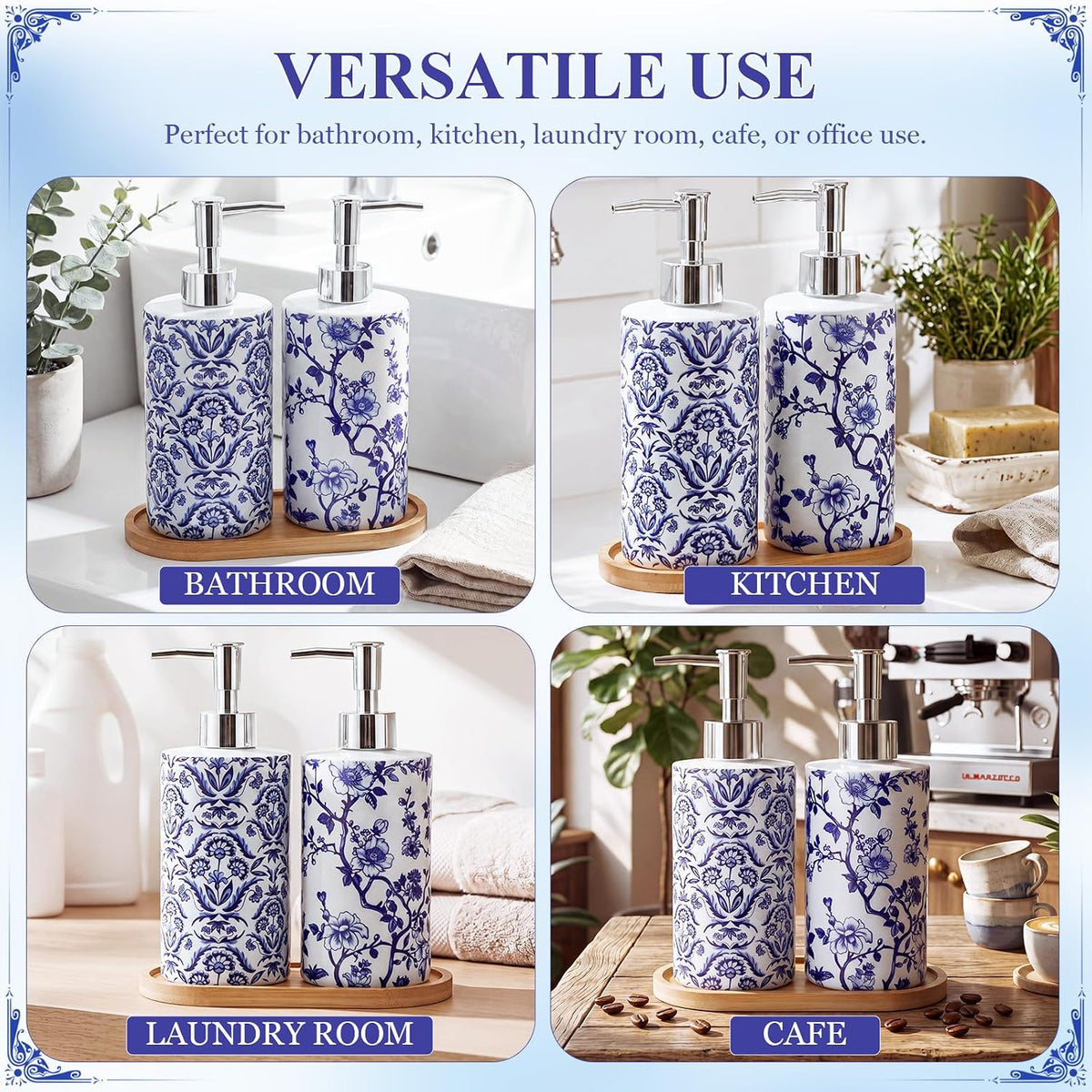 Blue and White Chinoiserie Soap Dispensers with Tray, Set of 2