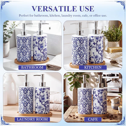 Blue and White Chinoiserie Soap Dispensers with Tray, Set of 2