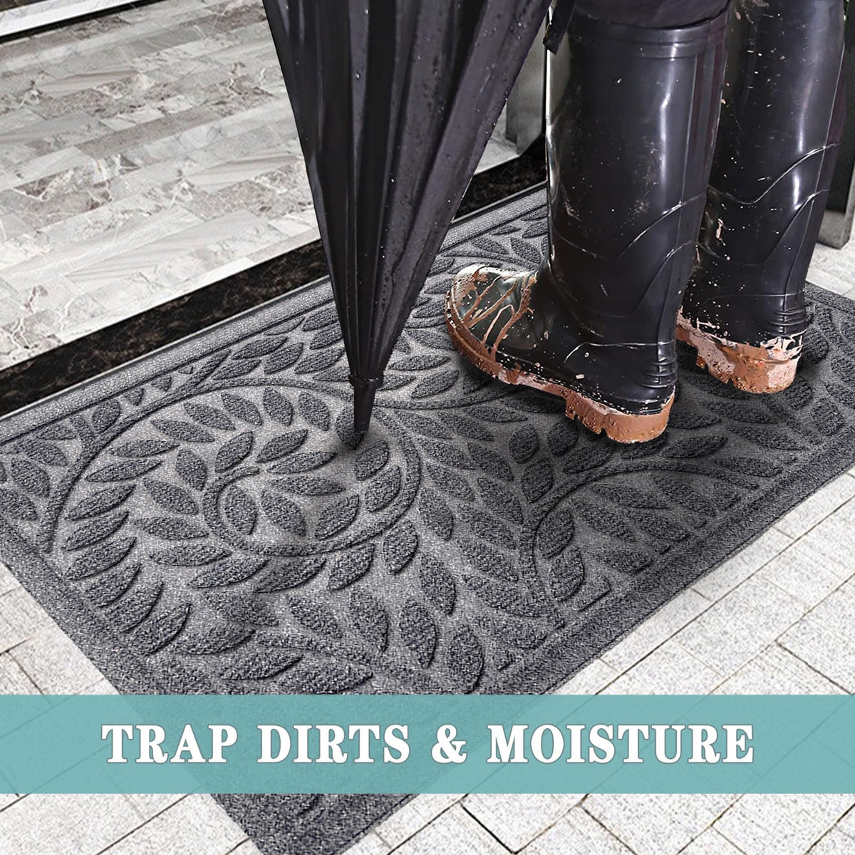 Blue Leaf Front Door Mat, Non-Slip Rubber