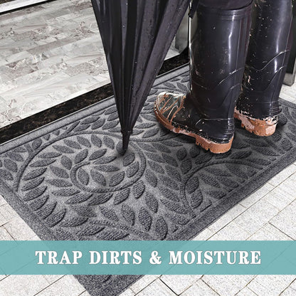 Blue Leaf Front Door Mat, Non-Slip Rubber