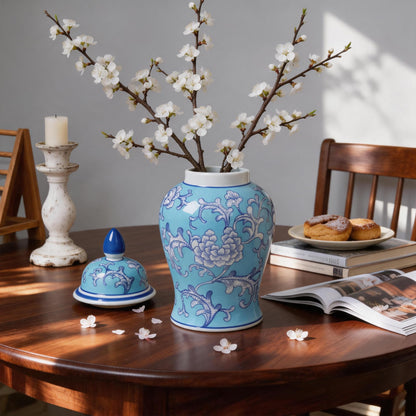 Blue and White Ginger Jar with Gold Trim, 14 Inch
