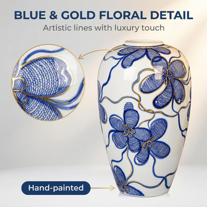 Hand-Painted Blue and White Vase with Gold Accents