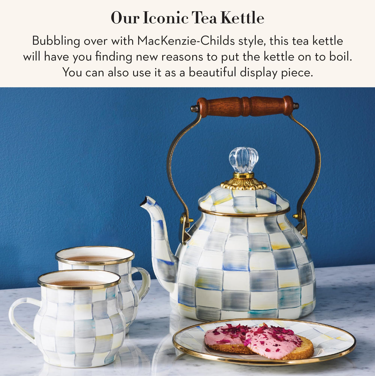 MacKenzie-Childs Enamel Tea Kettle, Royal Check