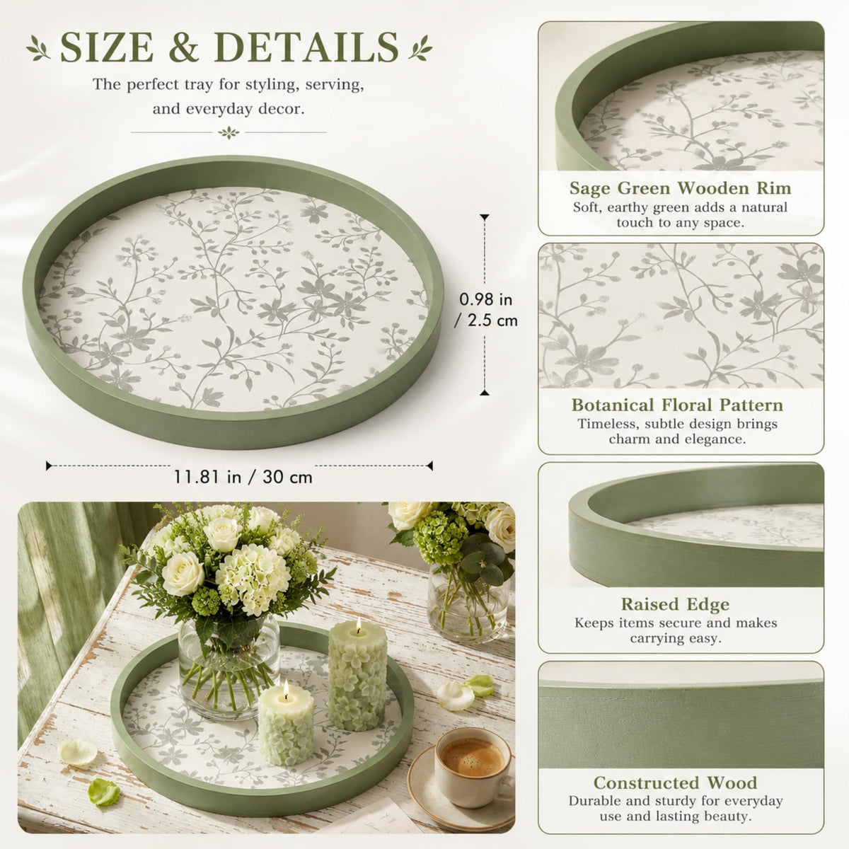 Blue Chinoiserie Round Wooden Tray, 11.8 Inch